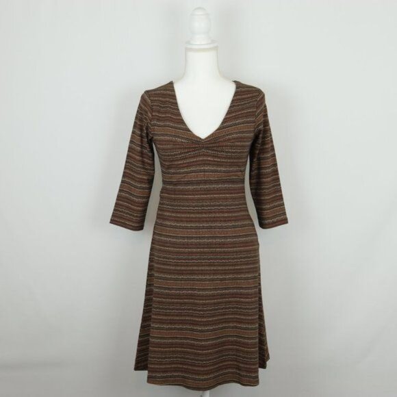 Toad&Co Rosalinda Women's Small Brown Tan Cotton V-Neck 3/4 Sleeve Sheath Dress - Picture 1 of 9